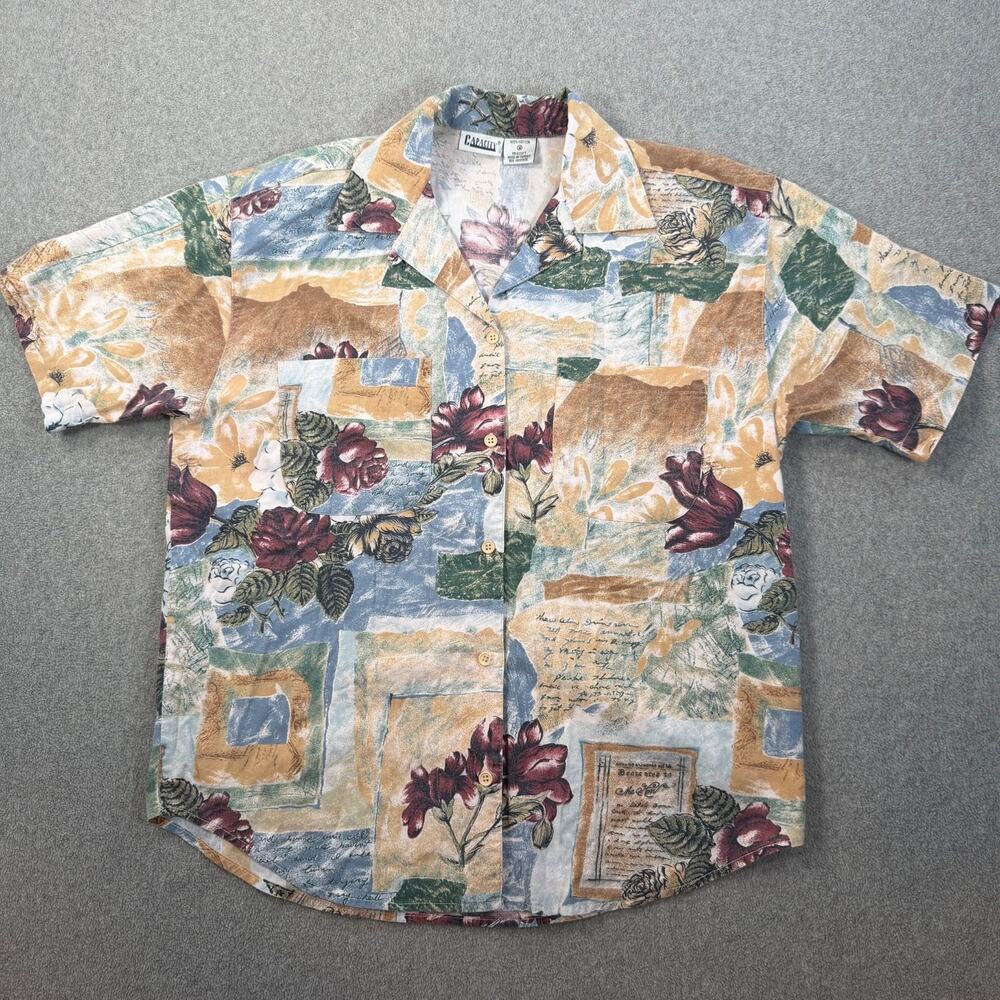 Vintage Capacity Short Sleeve Button Down Blouse Women's Medium Roses Brown